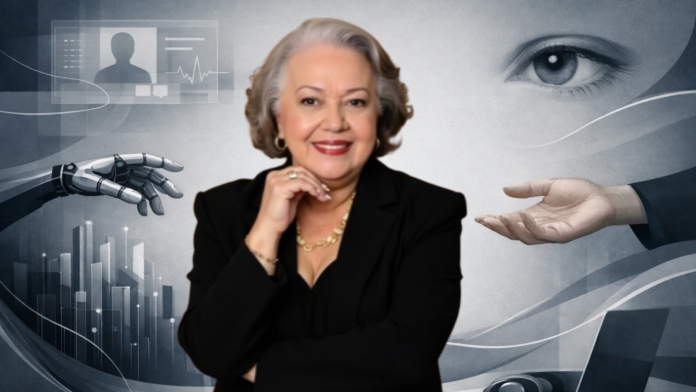 Imagem conceitual sobre atendimento humanizado, mostrando a integração entre tecnologia e empatia, com elementos visuais que representam inteligência artificial, interação humana e confiança no relacionamento com o cliente.