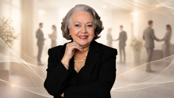 Myrinha Vasconcellos, especialista em vendas e relacionamento, em retrato editorial com fundo corporativo que simboliza experiência do cliente e conexão entre pessoas.