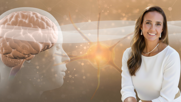 Anna Maoli Anna Maoli conduz prática de regulação emocional enquanto elementos visuais representam cérebro, coração e coerência entre mente e corpo, simbolizando liderança consciente e alta performance frequencial.