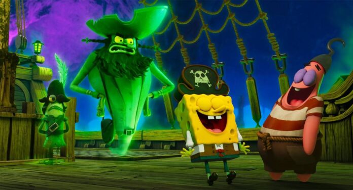 SpongeBob, Patrick e dois fantasmas piratas animados estão no convés de um navio pirata. SpongeBob usa chapéu de pirata com caveira, Patrick veste camiseta listrada e os fantasmas têm aparência verde luminosa.
