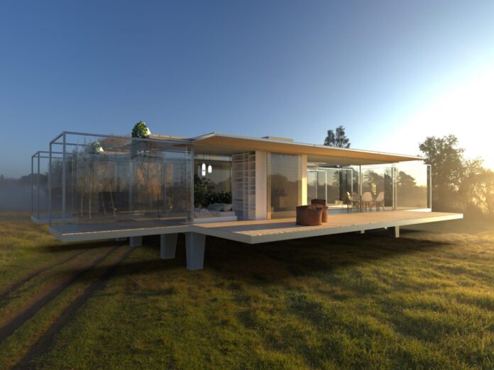 Capa Cini Residência modular sustentável de alto padrão com estrutura elevada, amplas fachadas envidraçadas e integração total com a paisagem natural.