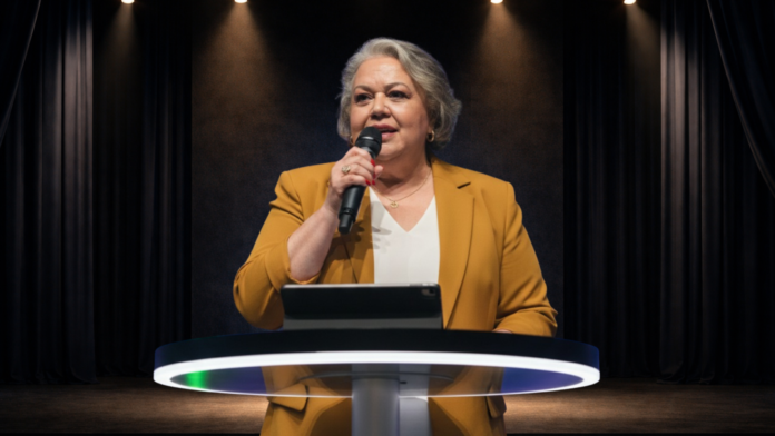 Myr Myrinha Vasconcellos discursando em um púlpito no palco, sob iluminação cênica, falando sobre Relacionamento de Excelência e experiência do cliente.