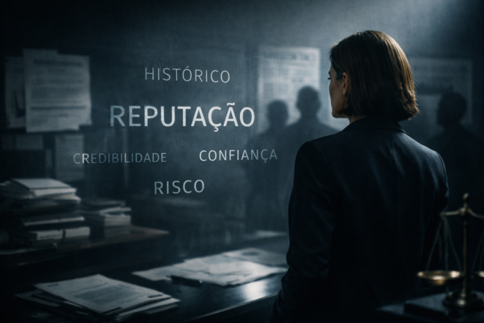 Executivo em ambiente corporativo escuro, simbolizando decisões silenciosas, risco reputacional e o peso jurídico da reputação na avaliação de negócios e contratos.
