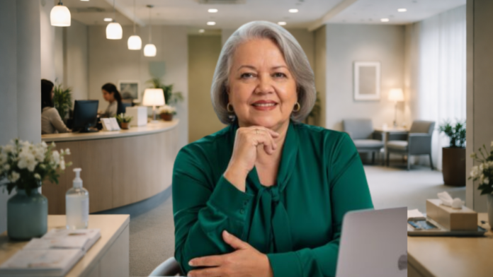 MIROVSKA Mulher madura sentada em ambiente de atendimento moderno, com expressão serena e confiante, representando respeito, acolhimento e dignidade no atendimento ao cliente.