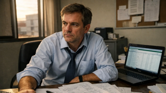 MEnezes (4) Executivo financeiro em escritório no fim do dia, com expressão séria e pensativa, mesa com documentos fiscais espalhados e notebook com planilha aberta ao lado, iluminado por luz natural da janela.