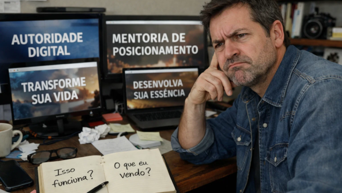 PR Profissional observa telas com promessas genéricas como “autoridade digital” e “mentoria de posicionamento”, enquanto questiona em anotações se aquilo realmente funciona e o que está sendo vendido