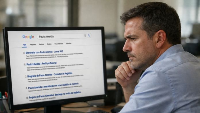 autoridade artificial Homem em escritório analisando resultados de busca no Google com seu nome, refletindo sobre sua reputação digital e como é percebido online.