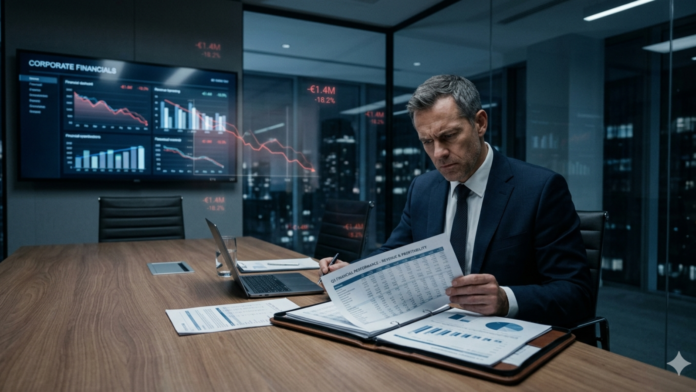 Executivo analisando relatórios financeiros em sala de reunião enquanto gráficos ao fundo indicam queda e prejuízos ocultos