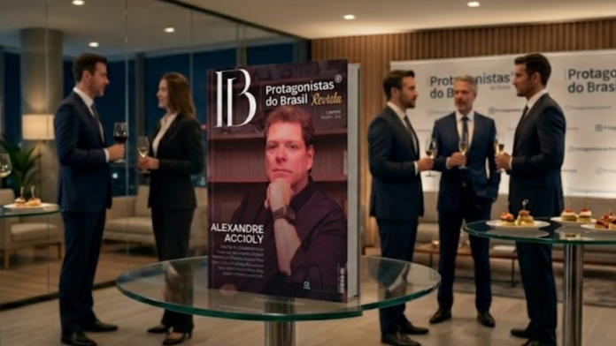 PRot (1) Revista Protagonistas do Brasil com Alexandre Accioly na capa, em evento corporativo de alto padrão com executivos em ambiente de networking