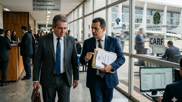 FláVIA Advogado e empresário caminham em corredor de tribunal federal em meio ao debate sobre decisões do CARF, Receita Federal e segurança jurídica tributária.