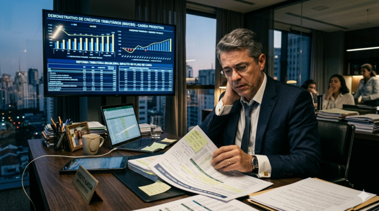 Empresário analisa documentos e gráficos tributários em escritório corporativo durante estudo estratégico sobre os impactos da reforma tributária e créditos de IBS e CBS.