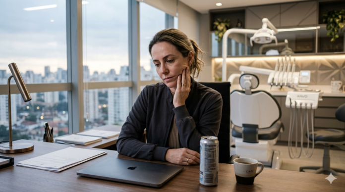 Gemini_Generated_Image_ssoi6qssoi6qssoi Mulher sentada em consultório odontológico moderno ao amanhecer, com expressão de cansaço e mão apoiada no rosto, ao lado de energético e café sobre a mesa.