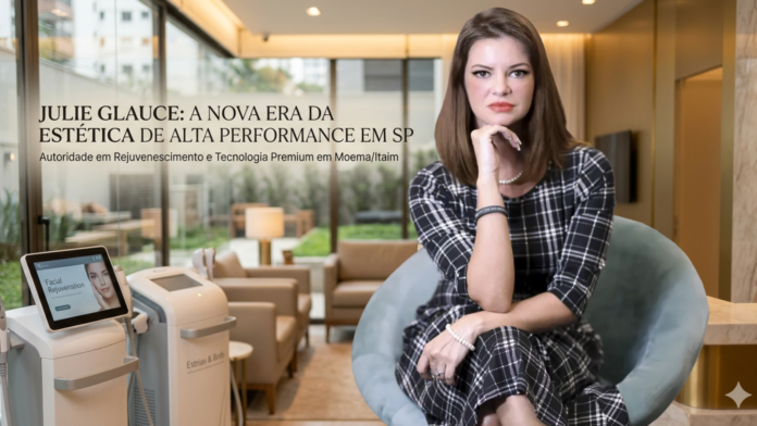 Julie Julie Glauce em clínica de estética premium em São Paulo, segurando tablet em ambiente sofisticado voltado para rejuvenescimento facial e tratamentos avançados.