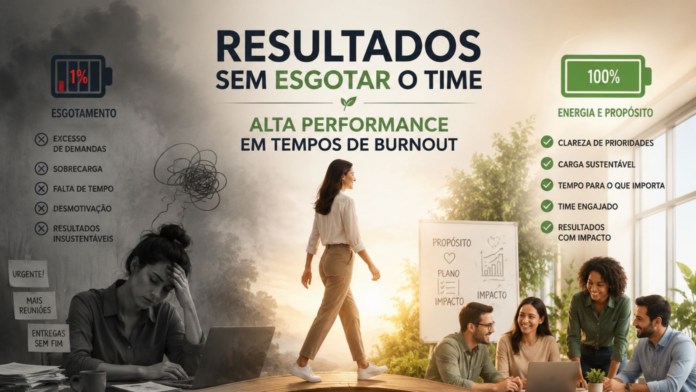 Sylvia (1) Liderança equilibrando alta performance e saúde emocional em ambiente corporativo, contrastando burnout e esgotamento com produtividade sustentável e equipe engajada.