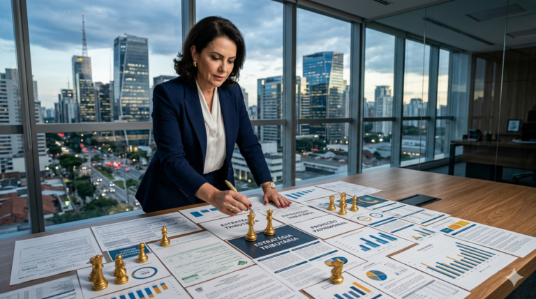 Executiva analisa documentos estratégicos, indicadores financeiros e planejamento tributário em escritório corporativo com vista para o centro financeiro da cidade.