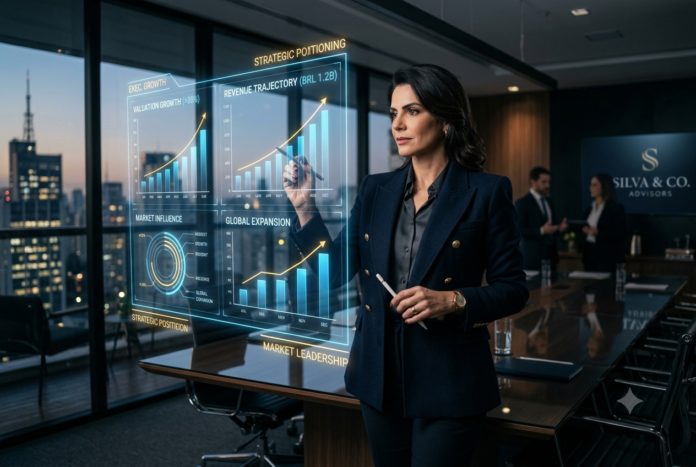 Executiva analisa projeções de crescimento e valuation em ambiente corporativo de alto padrão, simbolizando estratégia, liderança e posicionamento profissional.