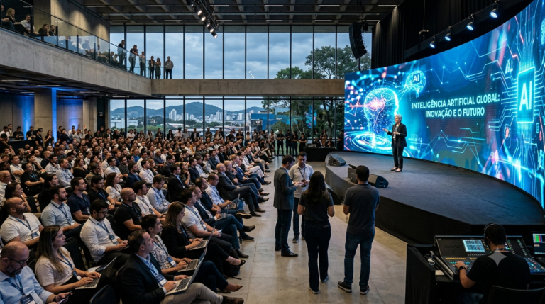 Auditório lotado durante o Summit de Inteligência Artificial Brasil 2026, em Joinville (SC), com palestrante no palco diante de um grande painel digital sobre Inteligência Artificial, reunindo especialistas, executivos, pesquisadores e profissionais de tecnologia.