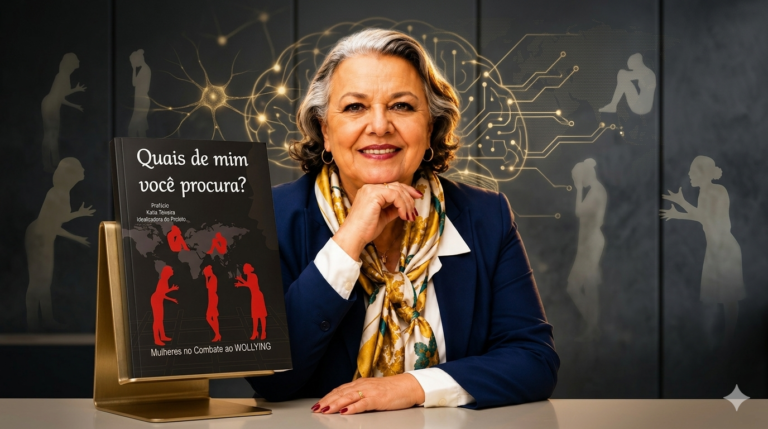 Myrinha Vasconcellos ao lado do livro Quais de Mim Você Procura?, obra que aborda o WOLLYING e seus impactos emocionais e sociais.