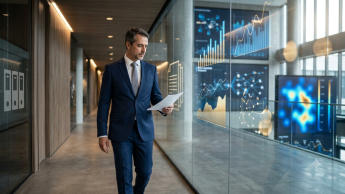 Empresário analisa indicadores financeiros em um ambiente corporativo moderno, simbolizando gestão estratégica, inteligência empresarial e preparação para os desafios da Reforma Tributária.