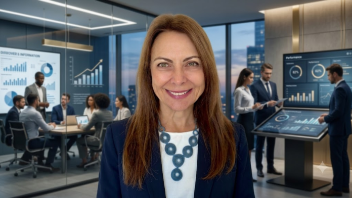 Marcia Lavrado em destaque em ambiente corporativo moderno, com equipes em reunião estratégica e painéis de desempenho ao fundo, representando liderança, protagonismo profissional e desenvolvimento de talentos.