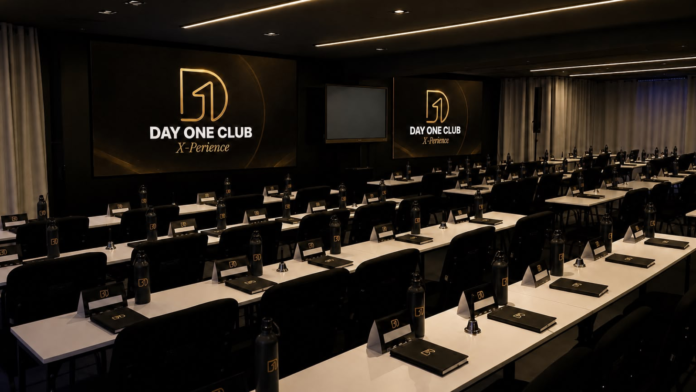 Day One Espaço preparado para o Day One Club X-Perience, com estrutura para encontros de formação, networking e desenvolvimento empresarial.