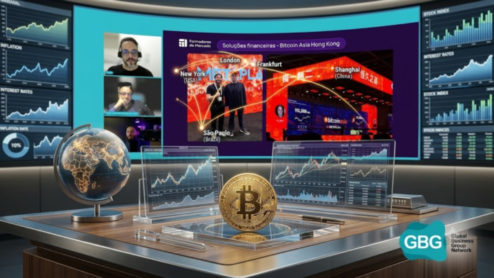 GBG Bitcoin (1) Painel representa a relação entre geopolítica, economia global e Bitcoin, com mapas, indicadores financeiros e mercados internacionais.