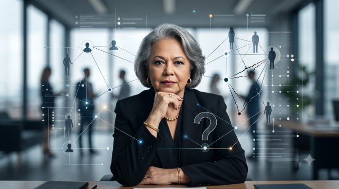 Gemini_Generated_Image_dobln0dobln0dobl Myrinha Vasconcellos em ambiente corporativo, cercada por conexões visuais que representam relações humanas, comportamento e dinâmicas relacionais.