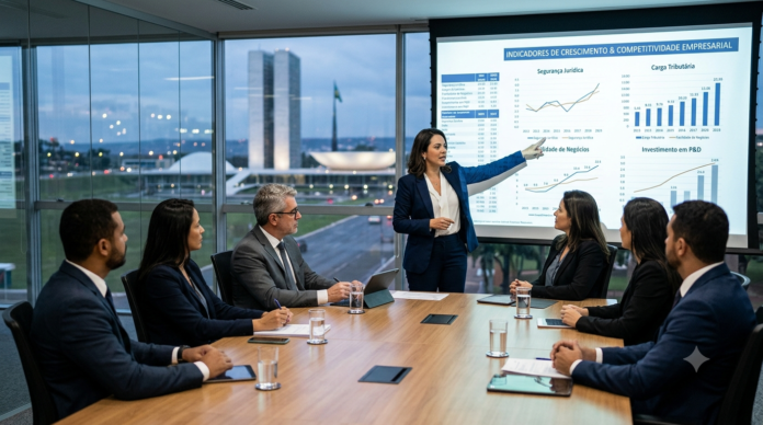 Gemini_Generated_Image_irtllrirtllrirtl Executivos acompanham apresentação sobre regulação e competitividade empresarial durante reunião corporativa, com o Congresso Nacional ao fundo em Brasília.