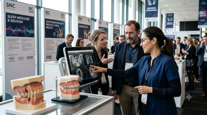Gemini_Generated_Image_udhqc8udhqc8udhq Especialistas discutem exames odontológicos durante congresso internacional sobre bruxismo, destacando a abordagem multidisciplinar entre odontologia, sono e gastroenterologia.