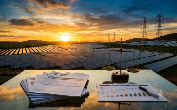 Gemini_Generated_Image_yw6f12yw6f12yw6f Usina de energia solar com extensos painéis fotovoltaicos ao pôr do sol, linhas de transmissão ao fundo e, em primeiro plano, documentos tributários, gráficos financeiros e uma balança da justiça, simbolizando o debate sobre tributação e transição energética no Brasil.