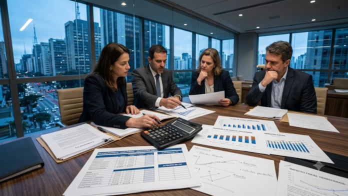 Laura (3) Executivos analisam documentos, planilhas e projeções financeiras durante reunião corporativa sobre os impactos da reforma tributária e a indefinição das futuras alíquotas.