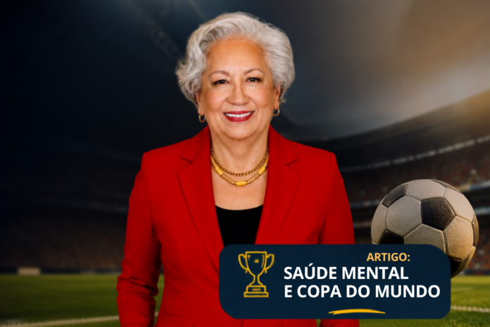 Sem nome (1500 x 1000 px) Sylvia Carvalho em um estádio de futebol com o título "Saúde Mental e Copa do Mundo", ilustrando artigo sobre saúde mental corporativa, liderança e alta performance nas empresas.