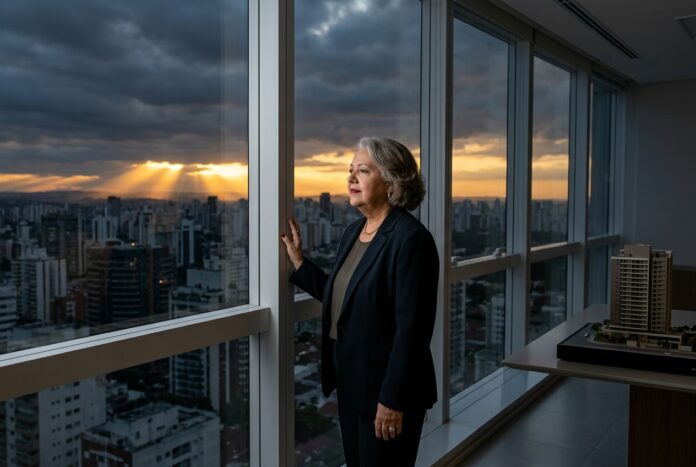 Gemini_Generated_Image_w6kvrdw6kvrdw6kv Myrinha Vasconcellos observa o horizonte ao amanhecer em um ambiente corporativo, em uma representação da coragem, da liderança e da esperança diante das grandes decisões.