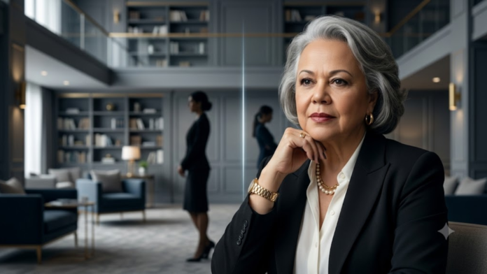 Myrinha (2) Retrato de Myrinha Vasconcellos diante de um ambiente corporativo elegante, com duas figuras femininas desfocadas ao fundo separadas por uma linha de luz, representando a violência relacional silenciosa entre irmãs.
