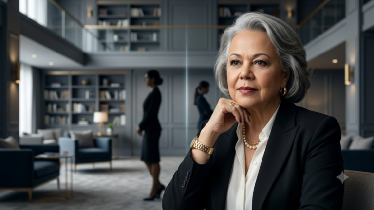 Retrato de Myrinha Vasconcellos diante de um ambiente corporativo elegante, com duas figuras femininas desfocadas ao fundo separadas por uma linha de luz, representando a violência relacional silenciosa entre irmãs.
