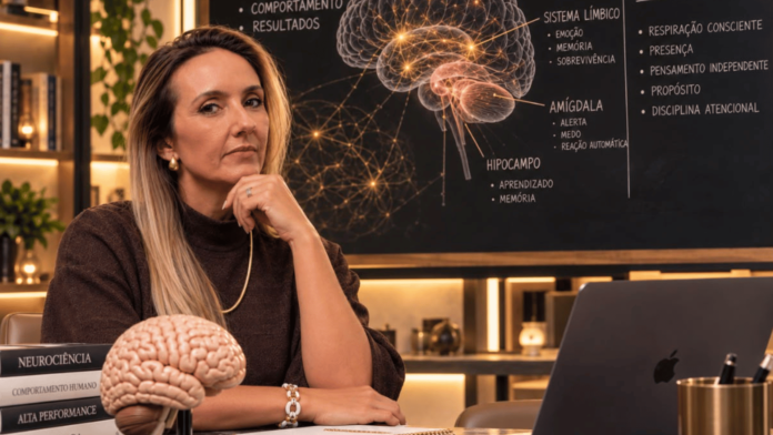 Anna Anna Maoli em ambiente de estudo sobre neurociência, atenção e domínio da mente, com modelo do cérebro e ilustração cerebral ao fundo.