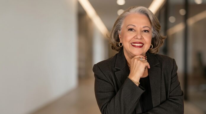 Myrinha Vasconcellos em ambiente corporativo, representando liderança, experiência e confiança.