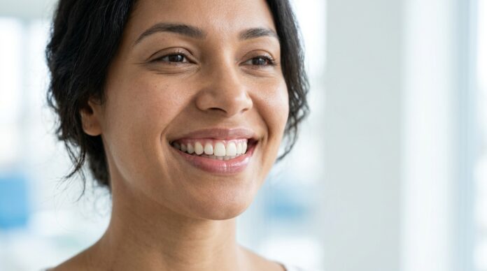 Gemini_Generated_Image_gdbqlsgdbqlsgdbq Mulher sorrindo em imagem editorial sobre a importância da saliva para a saúde bucal e o bem-estar.