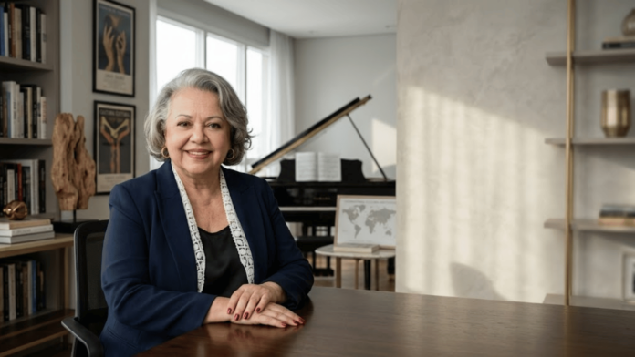 Myrinha Myrinha Vasconcellos em ambiente de trabalho cercada por livros, arte e piano, representando longevidade produtiva, liderança e atividade intelectual.