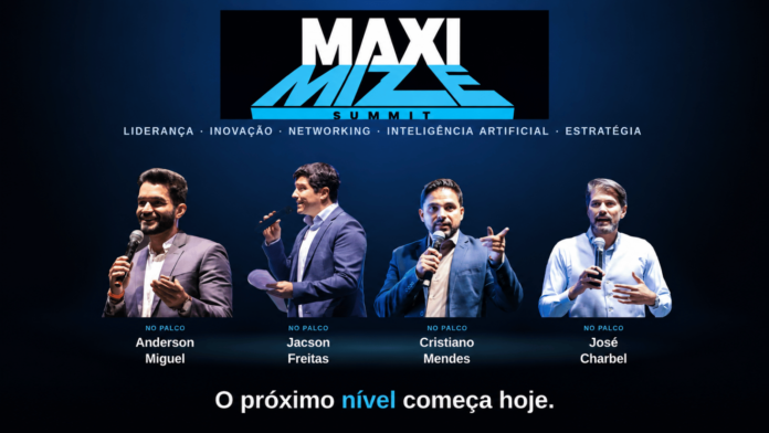 Palco do MAXIMIZE Summit 2026 destaca Anderson Miguel, Jacson Freitas, Cristiano Mendes e José Charbel durante encontro empresarial em Campo Grande.