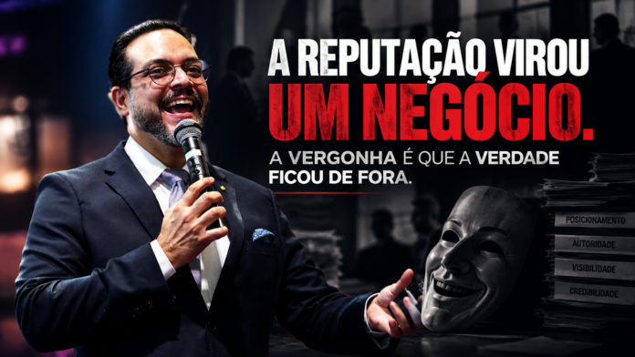 A Reputação Virou Negócio Imagem editorial mostra duas versões de Tucco, estrategista de reputação, separadas por um espelho rachado. Uma representa a credibilidade autêntica; a outra, a reputação maquiada, simbolizando o conflito entre verdade, aparência e autoridade no mundo corporativo.