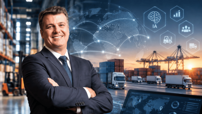 Allan Allan Bernardotti em composição visual que integra centros de distribuição, transporte de cargas, Inteligência Artificial e análise de dados, representando a transformação da Logística e do Supply Chain.