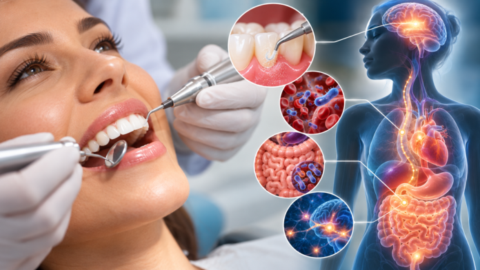 Conexão entre saúde bucal e corpo Profilaxia dentária realizada por cirurgião-dentista, com ilustrações das conexões entre saúde bucal, cérebro, coração, intestino e microbiota.