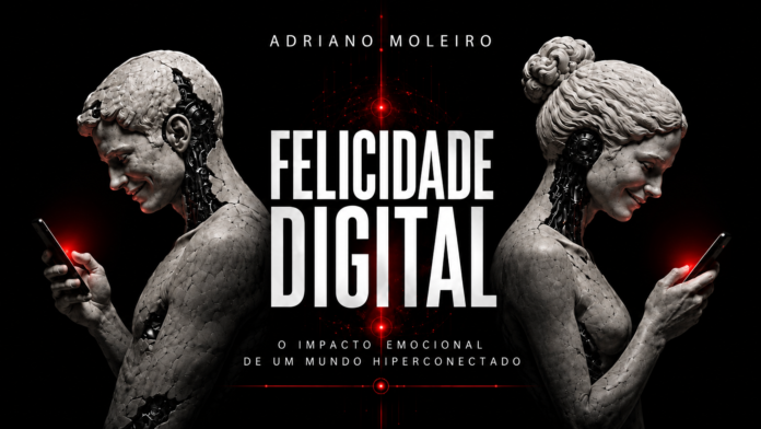 Felicidade Digital_ Humanos Conectados Capa do livro Felicidade Digital, de Adriano Moleiro, com duas figuras humanoides conectadas a celulares, simbolizando os impactos emocionais da hiperconectividade.