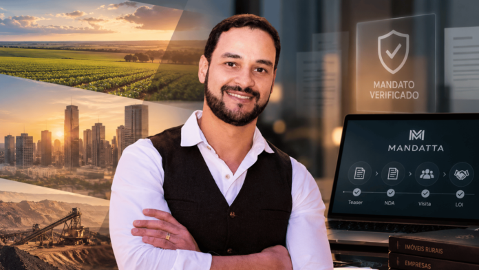 Felipe Felipe Guimarães Oliveira, idealizador da Mandatta, em composição visual sobre intermediação de ativos de alto valor, imóveis rurais, empresas e mineração.