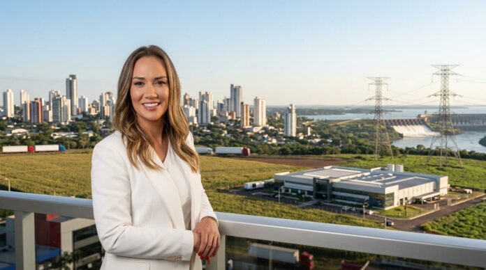 Gemini_Generated_Image_752w6g752w6g752w Mulher em cenário empresarial que reúne centro urbano, agronegócio, indústria e infraestrutura energética, representando as oportunidades econômicas no Paraguai.