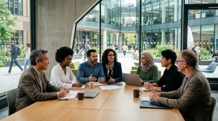 Equipe multicultural reunida em ambiente universitário internacional durante reunião de trabalho e liderança.