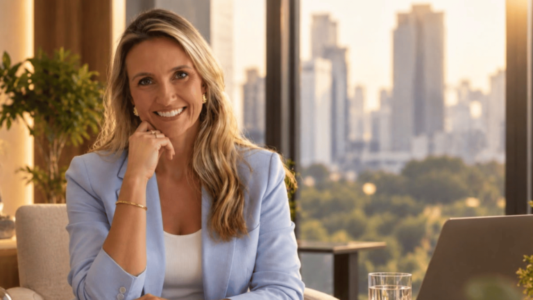 Anna Maoli em ambiente corporativo, representando a economia da presença, a liderança consciente e a alta performance nos negócios.