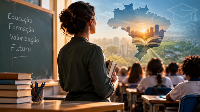 O Futuro da Educação no Brasil Professora em sala de aula observa estudantes diante de uma representação do mapa do Brasil, simbolizando os desafios da formação e valorização docente.