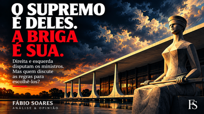 Supremo Tribunal Federal (STF) e estátua da Justiça ilustram artigo de Fabio Soares sobre a escolha dos ministros e a influência política na Corte.